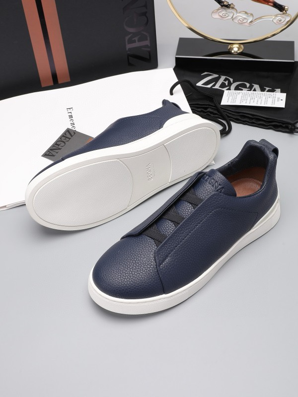 2024 Men Ermenegildo Zegna Navy Leather Low Top Sneakers MJ00240