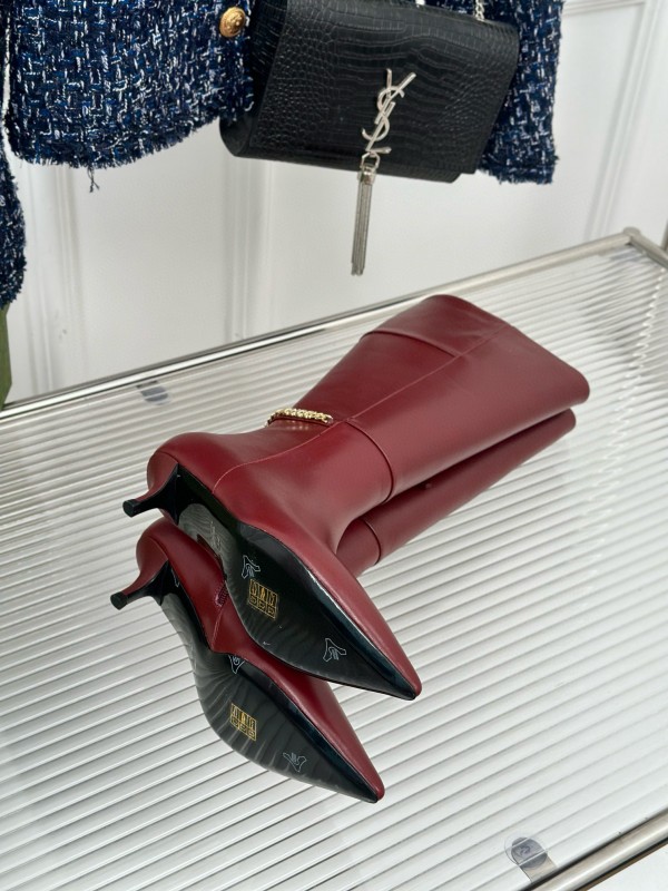 2024 Women Gucci Wine Leather Knee High Boots Chain Link MJ00550