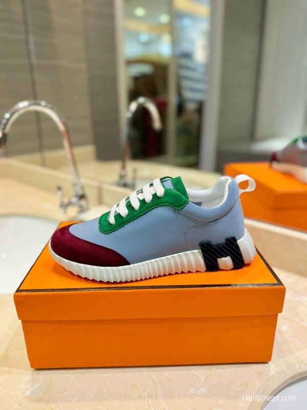 2024 Unisex Hermès White Green Burgundy Imported Silk Suede Casual Sneakers MJ00320