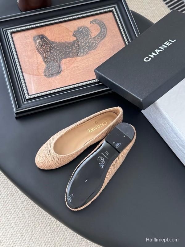 2025 Women Chanel Beige Knit Ballet Flats LY00280