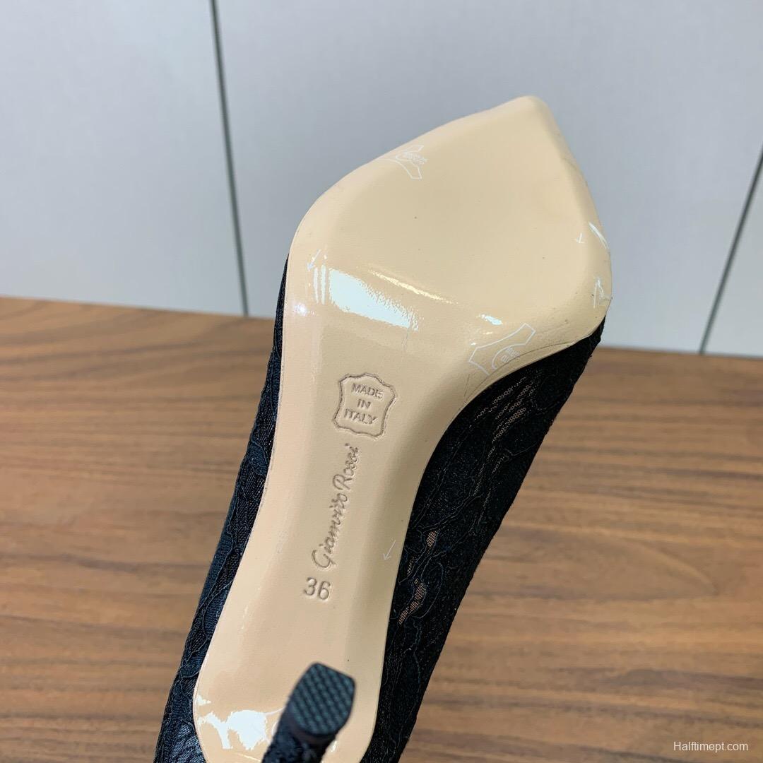 2025 Women Gianvito Rossi Black Lace Leather Pumps KFY00280