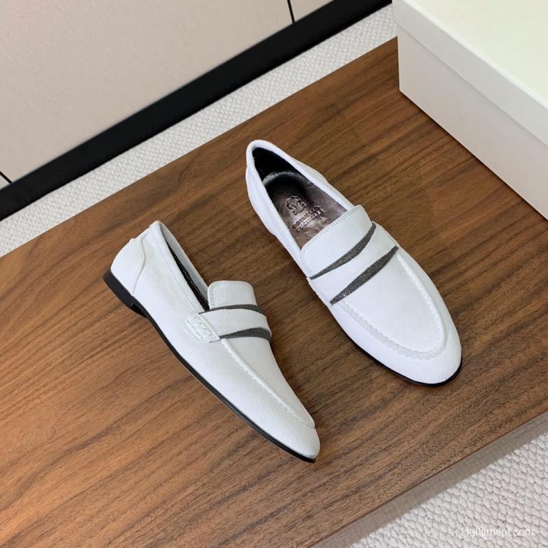 2025 Women Brunello Cucinelli White Suede Loafers Handcrafted Bead Chain Detail LY00360 (F)