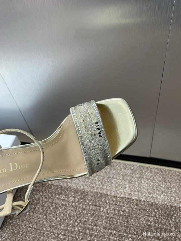 2025 Women Dior Gold Crystal Embellished Leather Sandals KFY00320