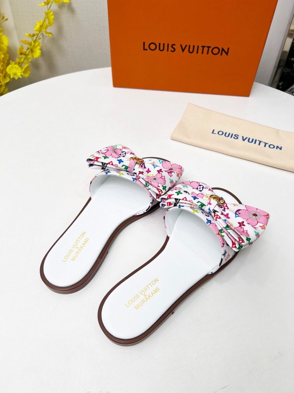 2025 Women Louis Vuitton White Pink Leather Slippers LY00190