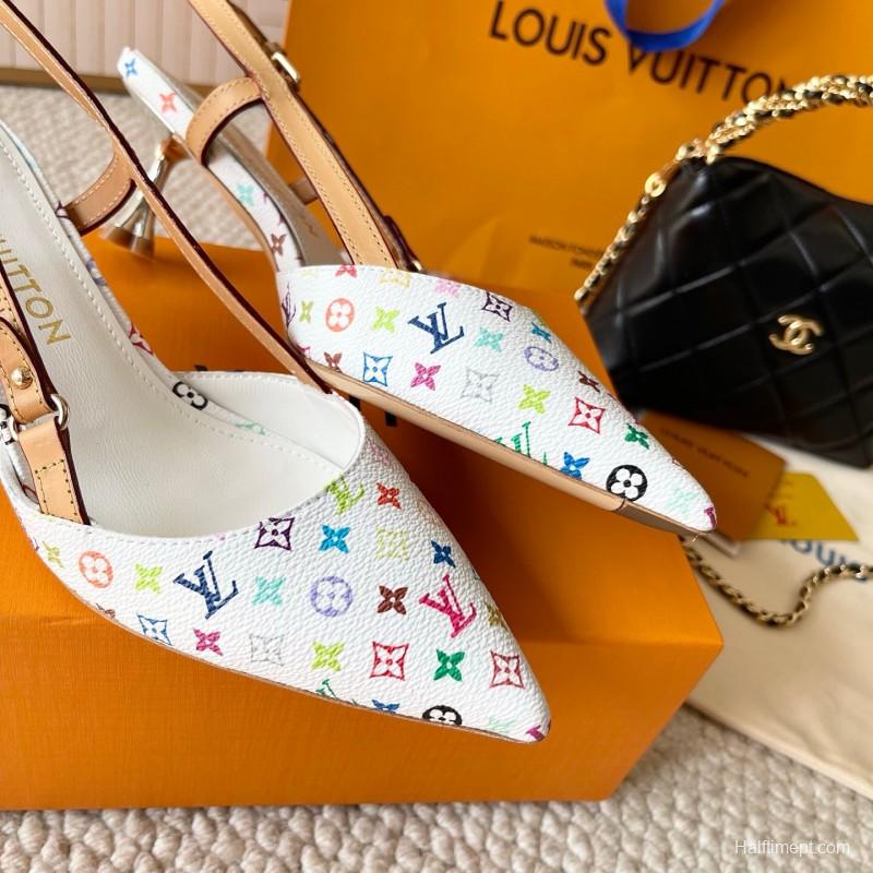 2025 Women Louis Vuitton White Multicolor Leather Slingback Pumps