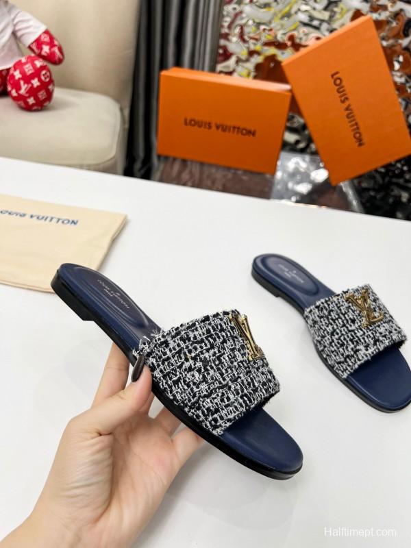 2025 Women Louis Vuitton Navy Tweed Leather Slippers LY00210