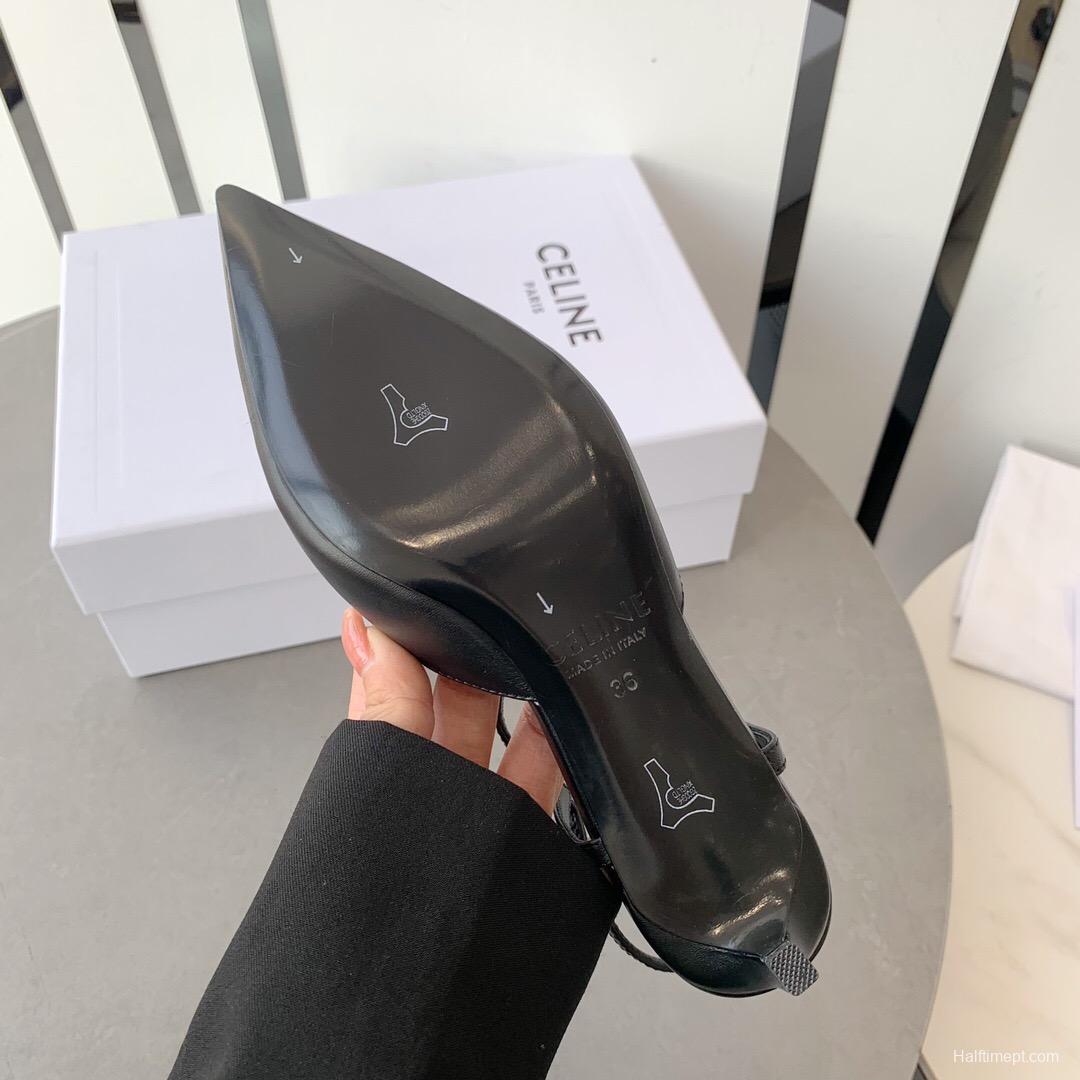 2025 Women Celine Black Calfskin Leather T-Strap TRIOMPHE Pumps