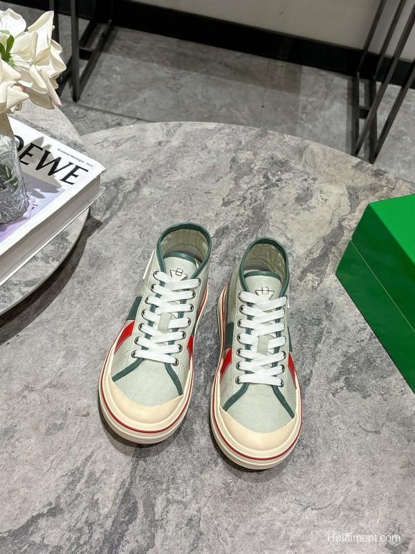 2025 Women Bottega Veneta Green White Red Canvas Leather High Top Sneakers