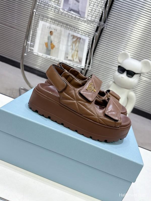 2025 Women Prada Brown Leather Sandals