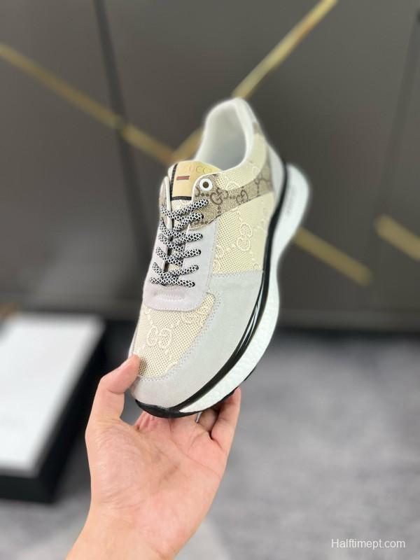 2024 Men Gucci Beige Brown Canvas Leather Sneakers MJ00260