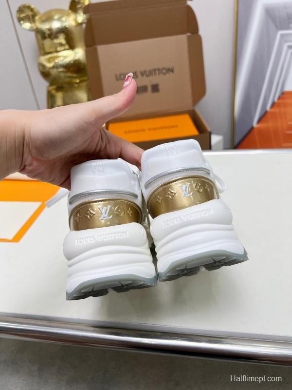 2025 Women Louis Vuitton White Gold Leather Mesh Sneakers LY00340