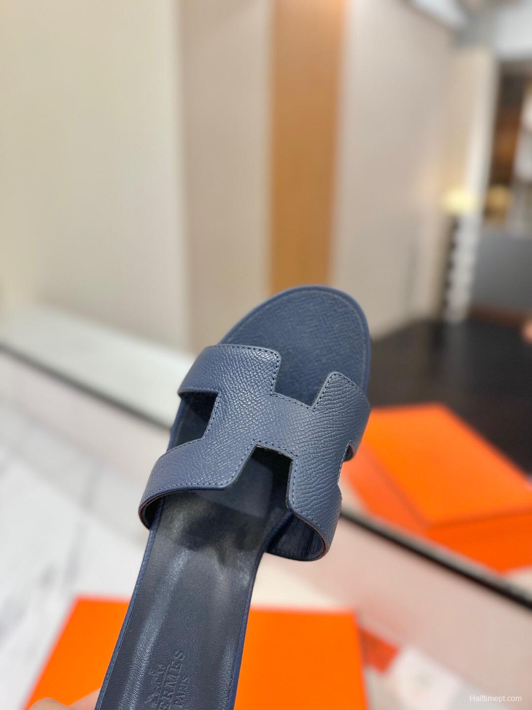 2025 Women Hermès Navy Leather Heeled Sandals