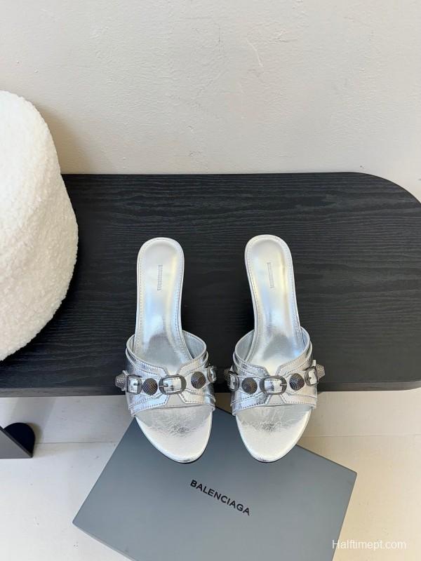 2025 Women Balenciaga Silver Leather High Heel Mules