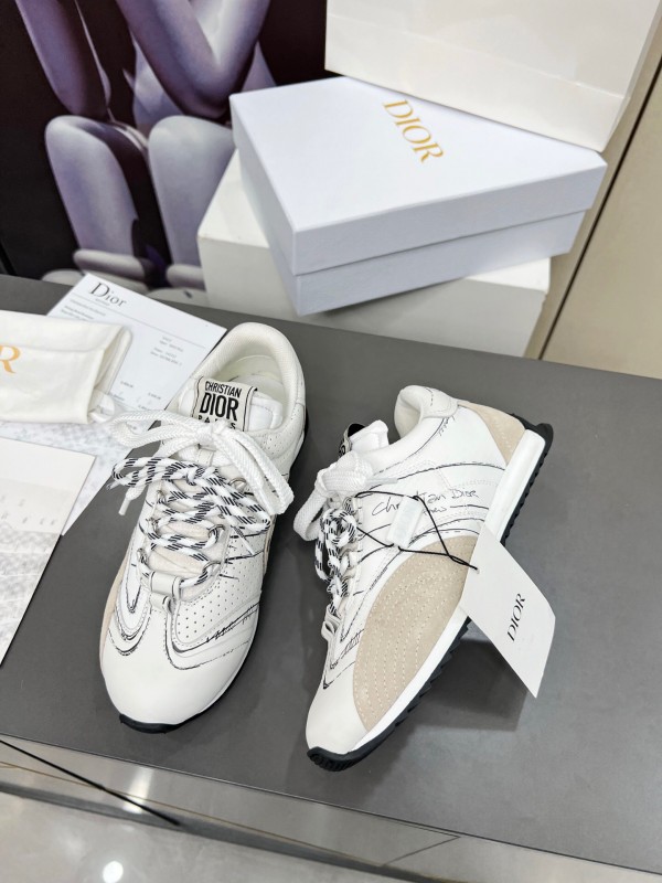 2025 Women Dior White Beige Leather Suede Sneakers KFY00290