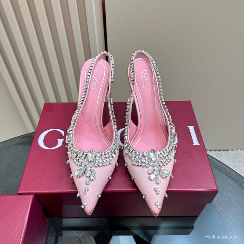 2025 Women Gucci Pink Silk High Heel Slingback Crystal LY00340