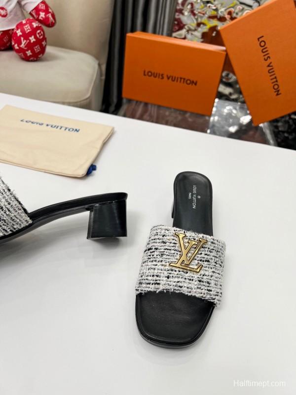 2025 Women Louis Vuitton Black White Tweed Heels LY00220
