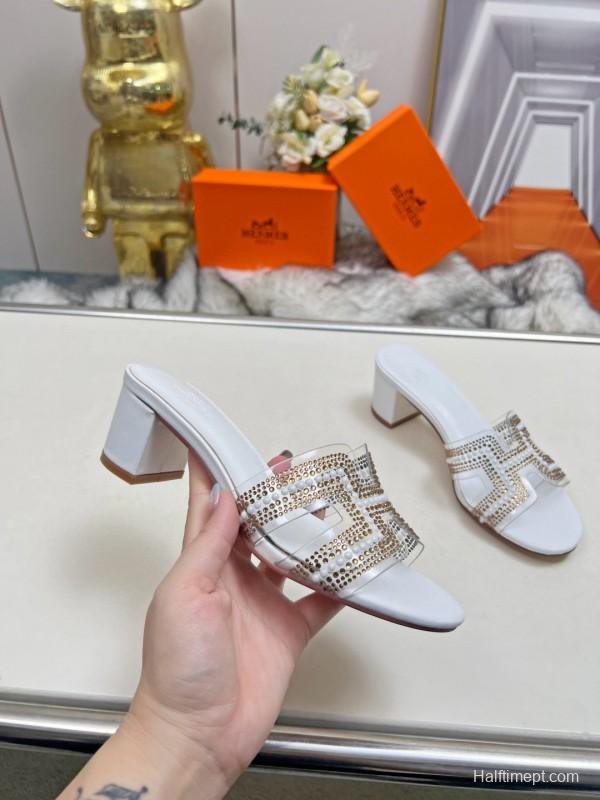 2025 Herme* White Leather Slippers Classic H Pattern MJ00180/215