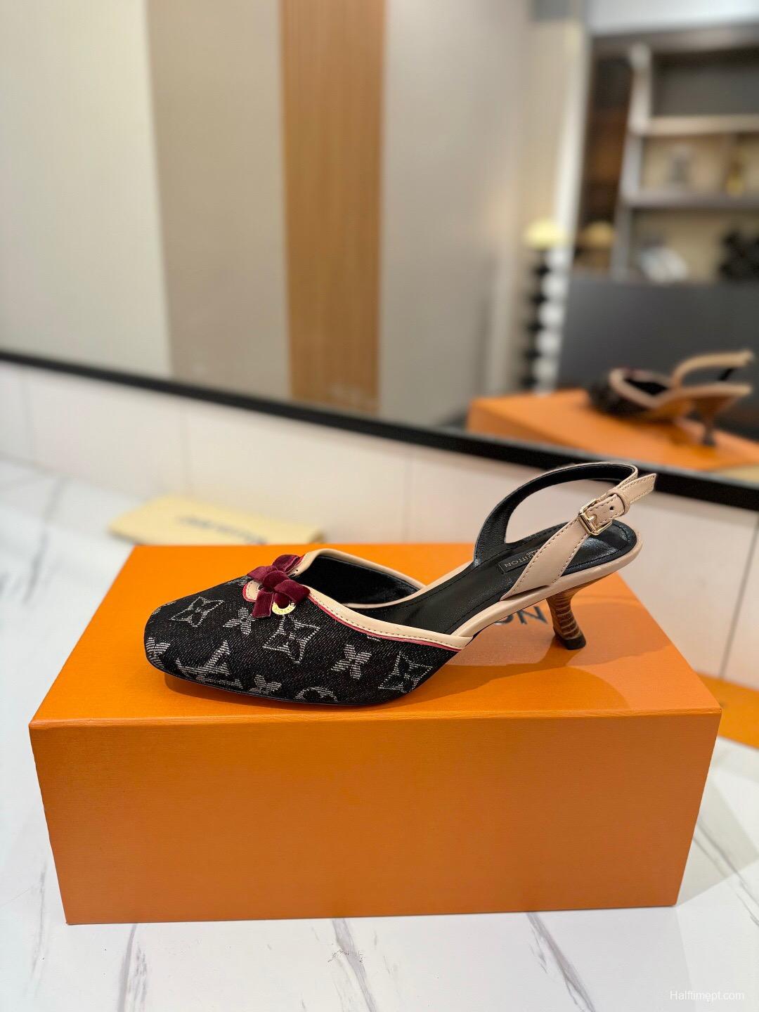 2025 Women LV Black Pink Denim Leather Slingback Heels KFY00310