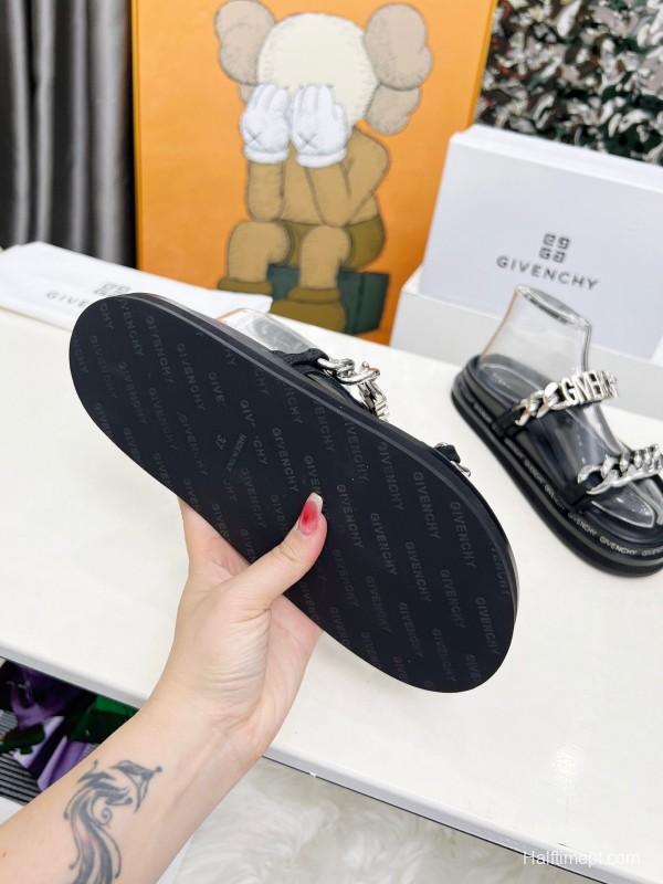 2025 Women Givenchy Silver Leather Sandals Chain LY00250