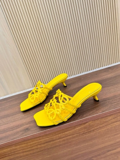 2025 Women Loewe Yellow Leather Heeled Mules LY00250
