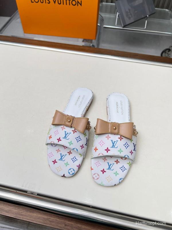 2025 Women Louis Vuitton White Multicolor Leather Slippers Monogram LY00200
