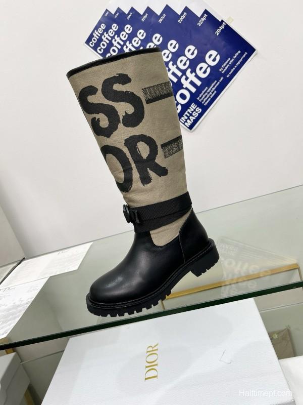 2024 Women Dior black beige leather canvas boots MJ00350