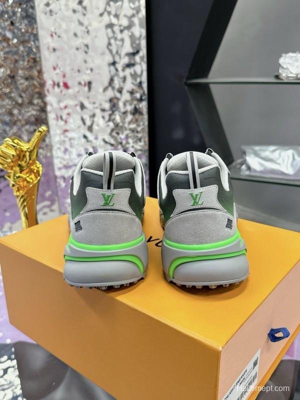 2025 Men Louis Vuitton Green Grey Mesh Leather Sneakers MJ00420