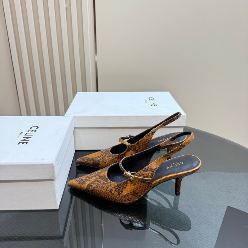 2025 Women CELINE Brown Snake Leather Slingback Pumps
