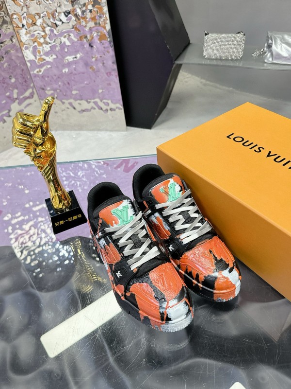 2024 Unisex Louis Vuitton Orange Black White Leather Denim Plimsolls Artist Hand-drawn MJ00780