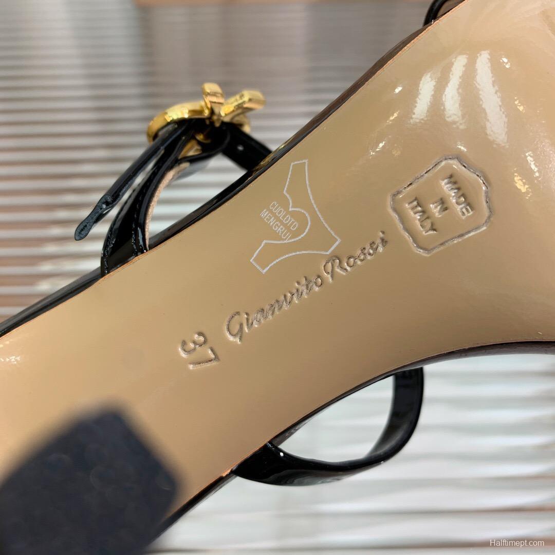 2025 Women Gianvito Rossi Black Patent Leather Strappy High Heel Sandals