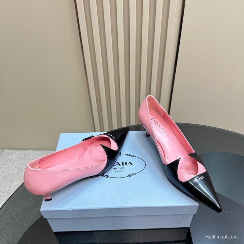 2025 Women Prada Pink Black Leather Pointed Toe Low Heel KFY00310
