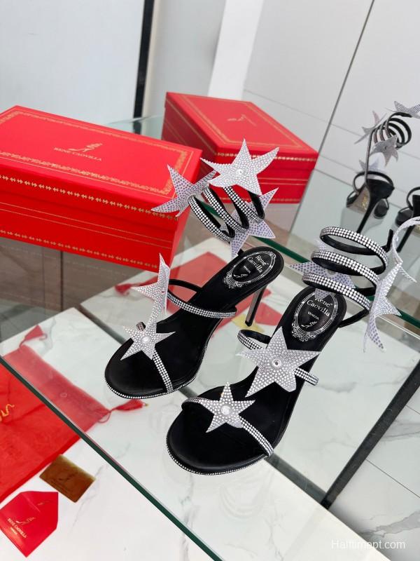 2025 Women RC Black Silver Silk Crystal High Heel Spiral Lace Sandals LY00340