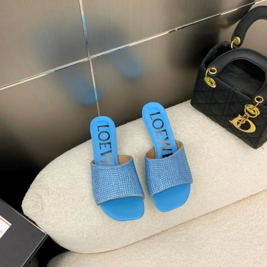 2025 Women Loewe Blue Leather Slide Sandals LY