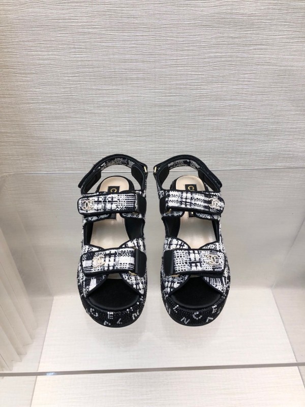2025 Women Chanel Black White Fabric Platform Sandals LY00330