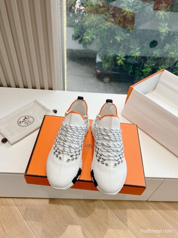 2024 Unisex Hermès White Grey Orange Calfskin Suede Knit Sneakers MJ00290(F/M)