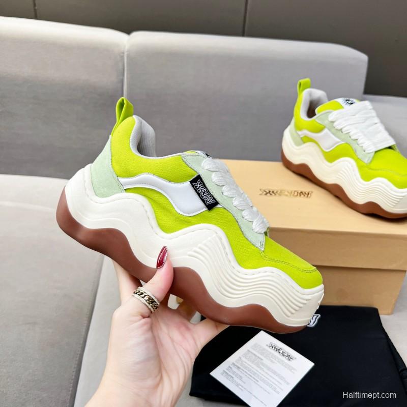 2025 Women HEYDAY Yellow White Green Canvas Leather Wave Bread Sneakers KFY00260