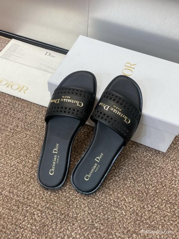 2025 Women Dior Black Leather Slides