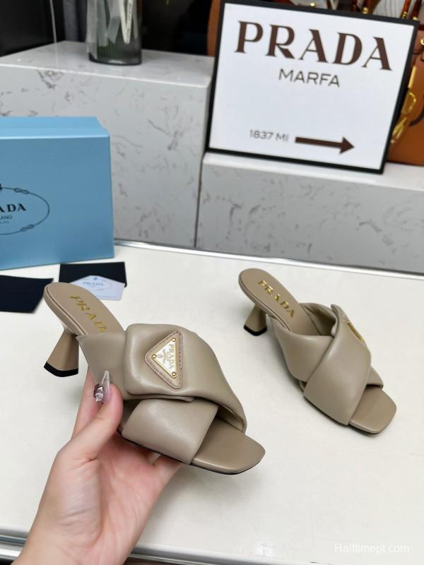 2025 Women Prada Beige Leather Mule Triangle Logo LY00270