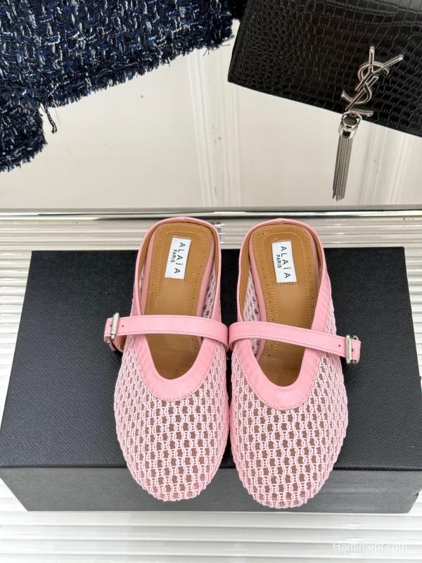 2025 Slippers AlAIA Pink Mesh Leather Mule