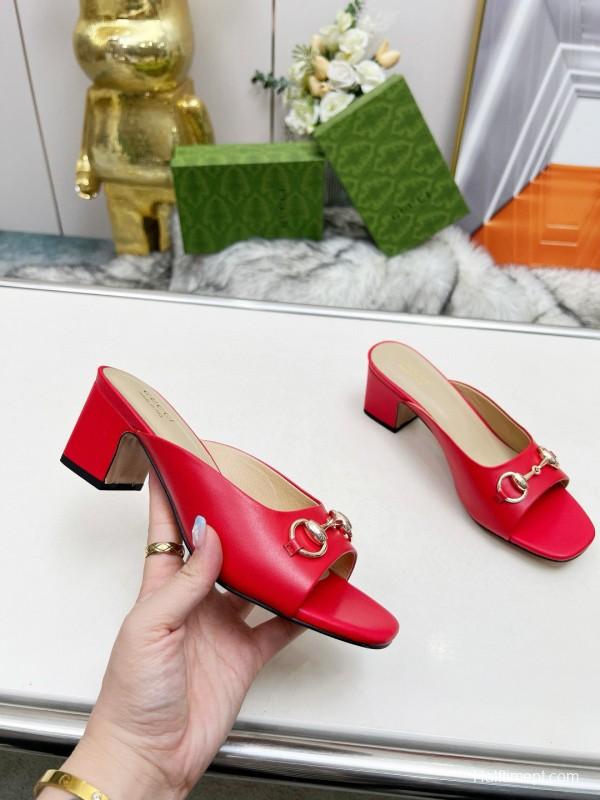 2025 Women Gucci Red Leather Heeled Mules Metal Ornament