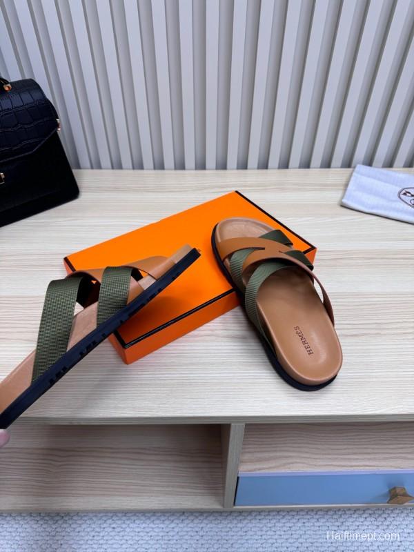 2025 Slippers Hermès Brown Green Leather Fabric Slippers