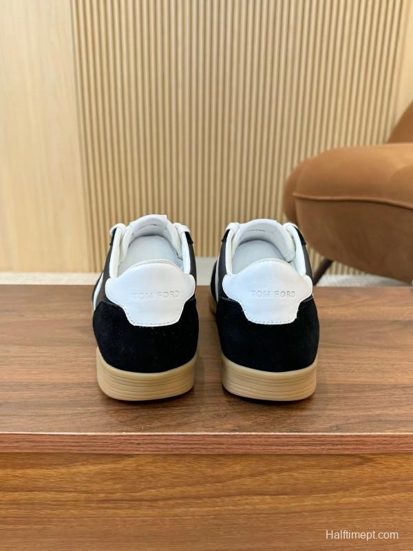 2025 Unisex TOM FORD Black White Leather Suede Sneakers Classic Contrasting LY00360