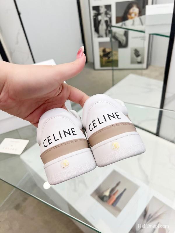 2025 Women Celine White Beige Leather Sneakers BLOCK TRIOMPHE KFY00260
