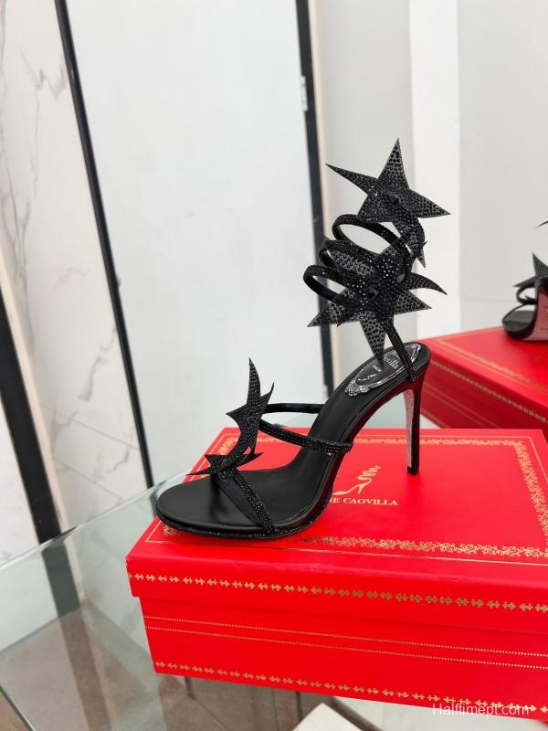 2025 Women RC Black Leather High Heel Sandal Star Detail LY00340