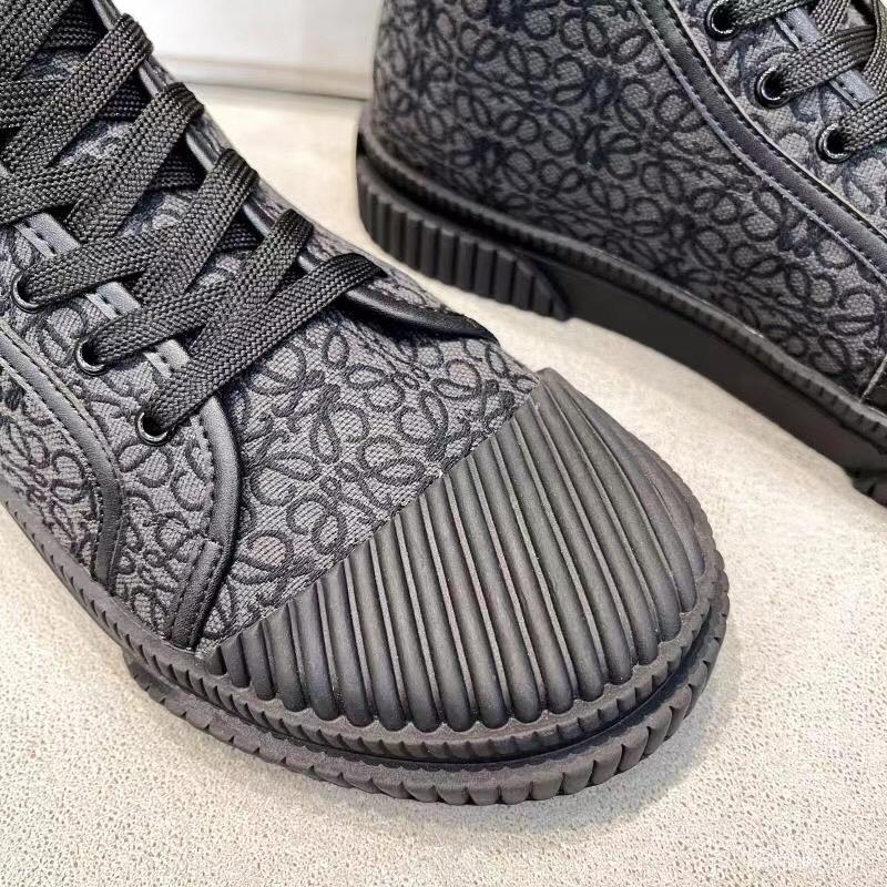 2025 Women Loewe Black Fabric Leather High-Top Sneakers LY00291