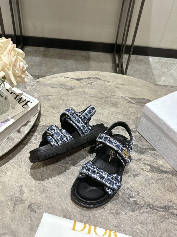 2025 Women Dior Black Blue White Fabric Leather Sandals KFY00300