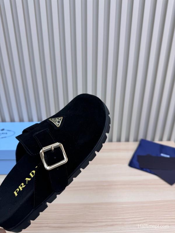 2025 Slippers Prada Black Suede Slippers LY00280