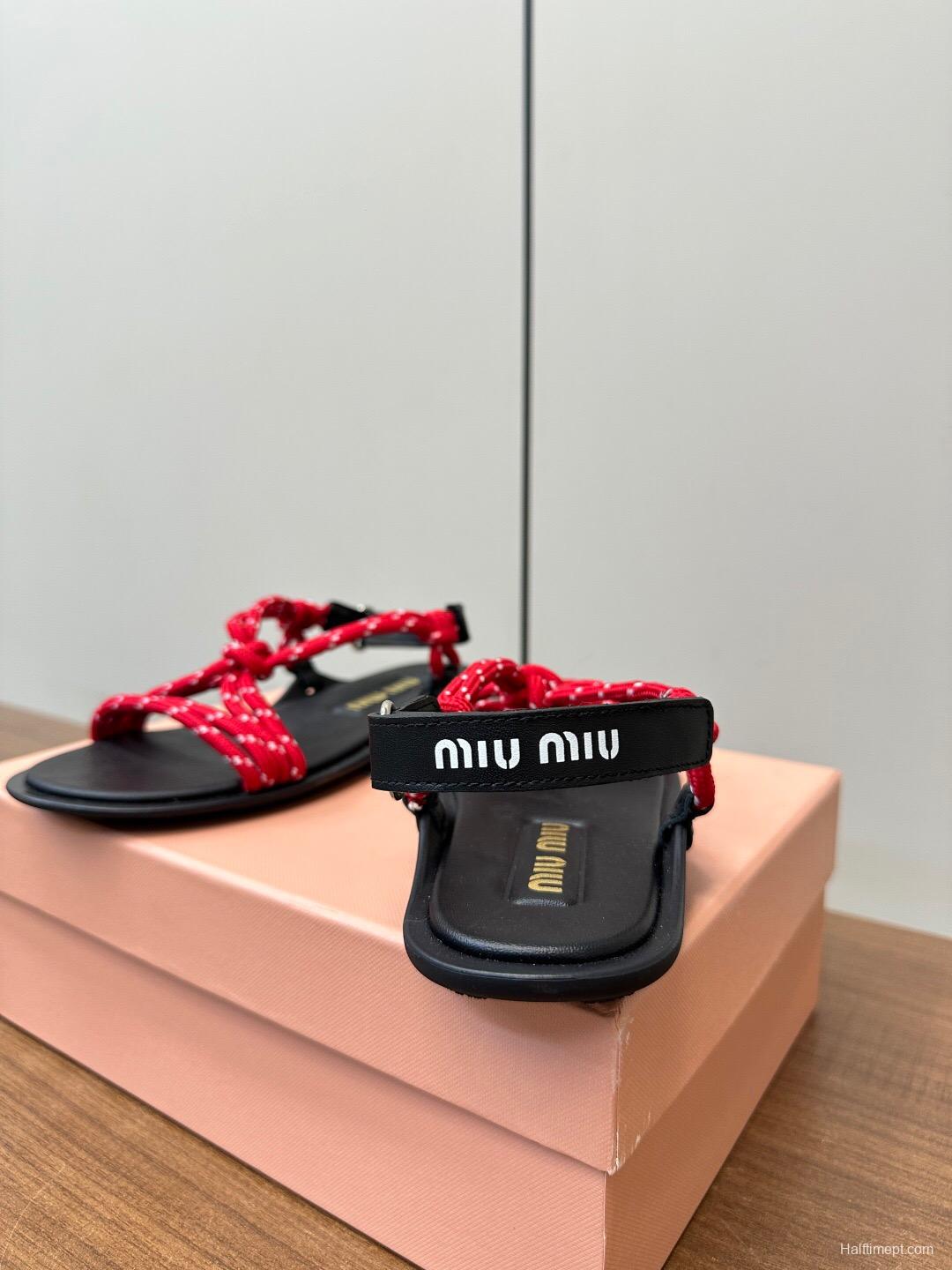 2025 Women Miu Miu Red Rope Leather Sandals LY