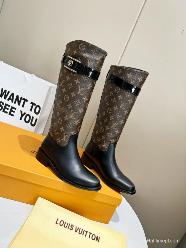 2024 Women Louis Vuitton Brown Black Leather Canvas Boots MJ00400