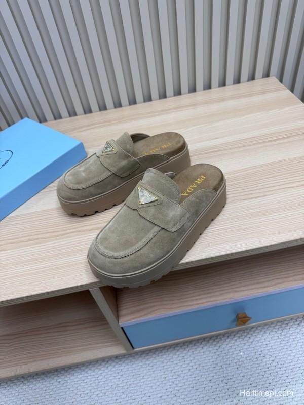 2025 Women Prada Khaki Suede Platform Loafers